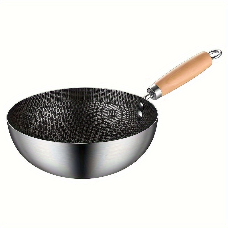 Stainless Steel Chef's Pan with Honeycomb Non-Stick Coating, 20cm Mini Wok with Wood Handle - Ideal for Home Kitchen or Restaurant Cooking, Compatible with All Stovetops