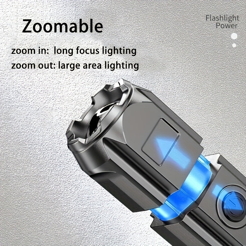 Compact and portable LED flashlight with USB charging, ideal for outdoor adventures and home use. 800mAh battery included.