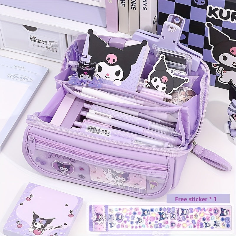 1 piece SANRIO 9-Layer Large-Capacity Multi-Functional Pen Case made of Oxford Cloth featuring Kulomi & Melody Cute Cartoon Style, ideal for organizing student stationery. Waterproof and