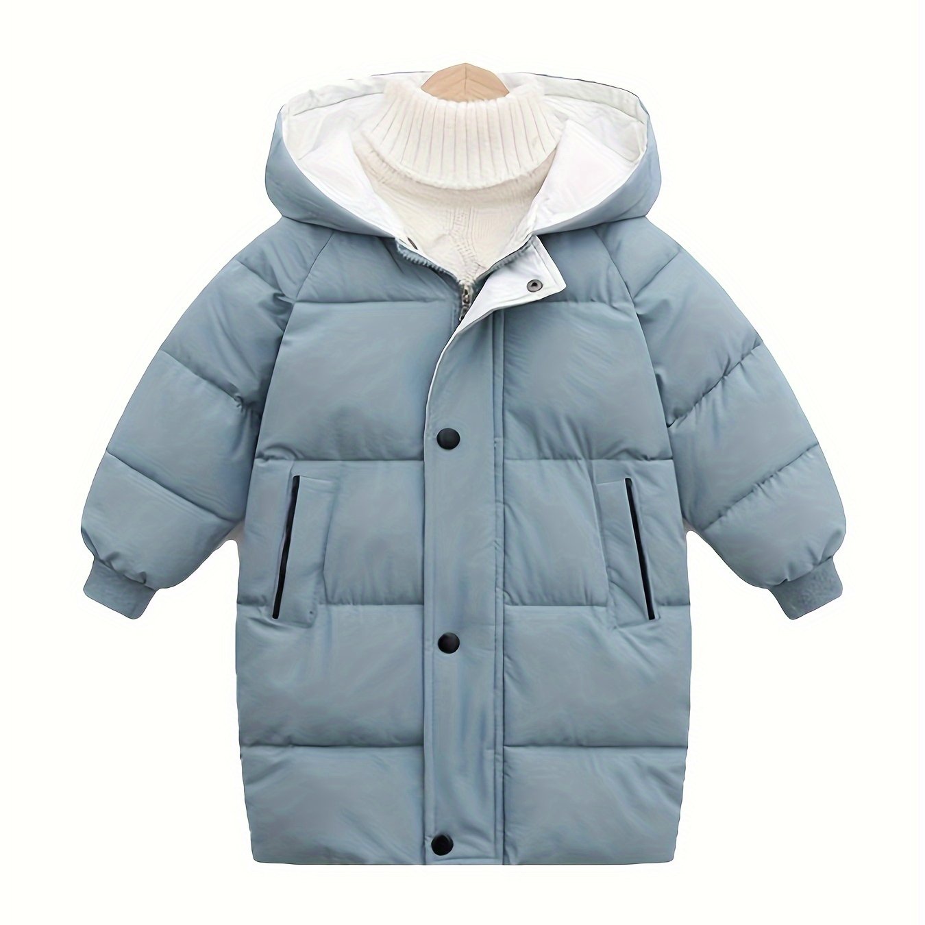 Kids' mid-length hooded coat made of 100% windproof polyester for warmth in fall/winter. Casual style with zipper and regular fit. Solid color raglan sleeves and thick material.