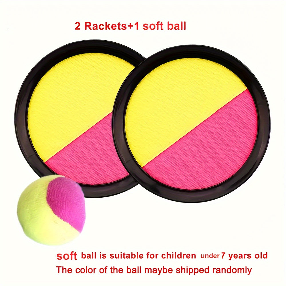 Kids' outdoor toy set includes toss and catch ball, sports racket, palm ball, and throwing sticky ball game; perfect for holiday parties and camping. Great Children's Day gift.