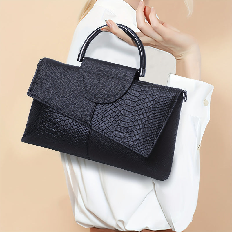 Luxurious black crocodile pattern handbag with zipper closure and polyester lining, ideal for everyday use. Features elegant top handle and sophisticated design.