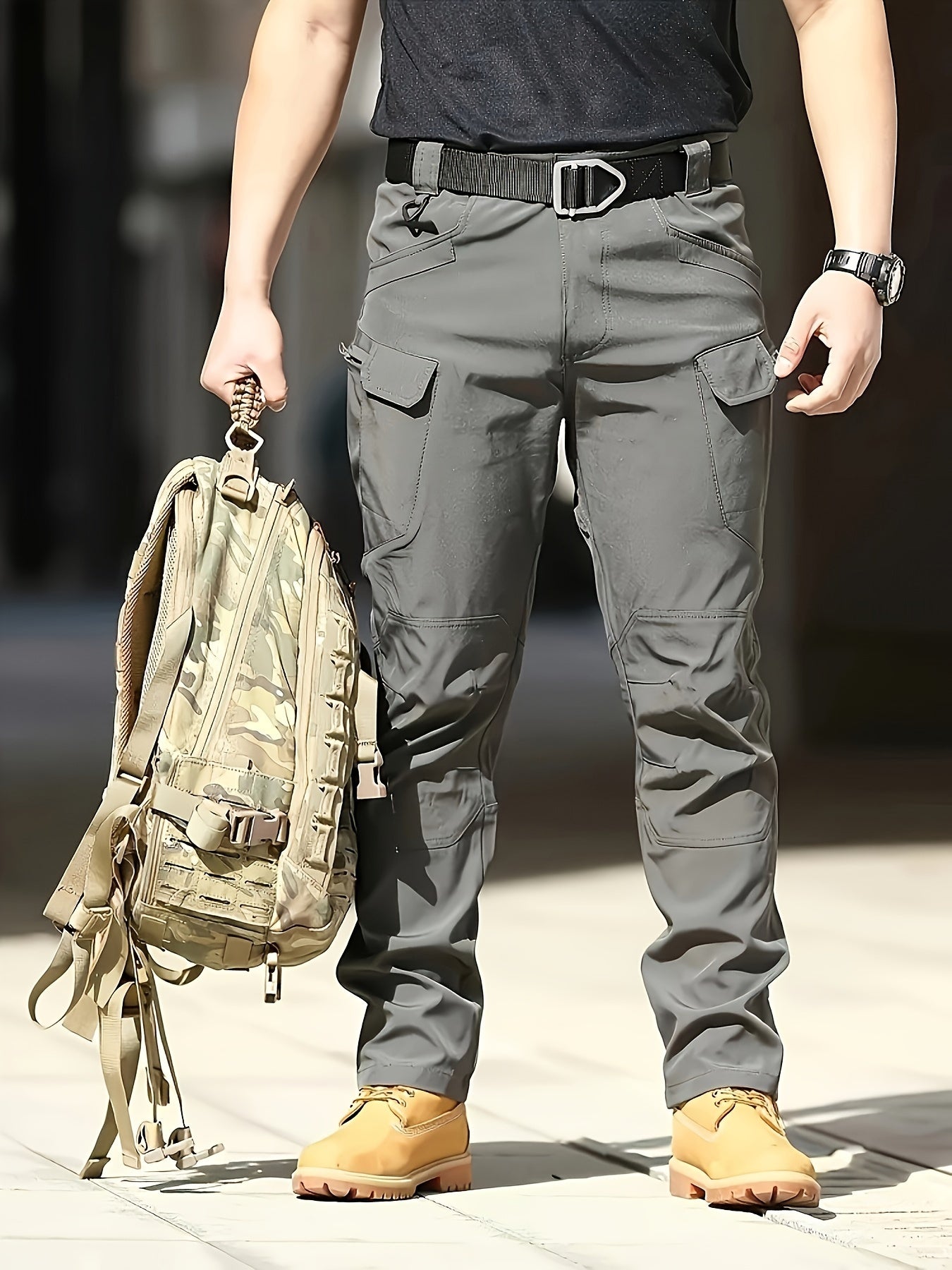 Men's Tactical Cargo Pants in Dark Gray for outdoor and hiking activities, made of durable lightweight polyester with multi-pocket design. Casual military style, machine washable for