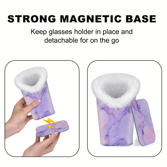 Elegant Artificial Leather Glasses Case with Plush White Faux Fur, Magnetic Detachable Base, and PU Leather Eyeglass Holder