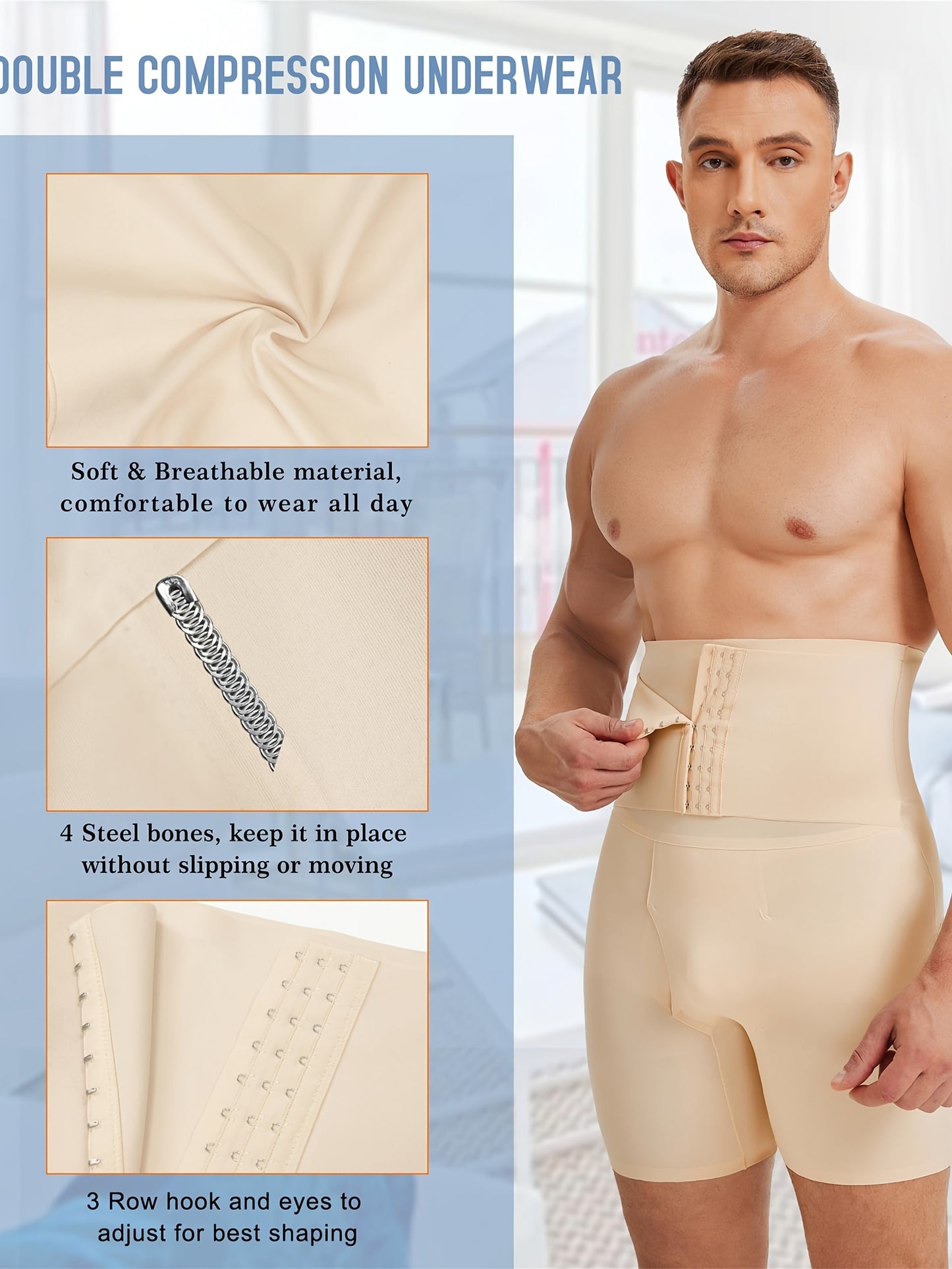 High-waisted compression shorts for men's shapewear provide a slim fit.