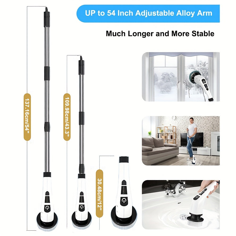 One set of cleaning tools includes an electric rotary floor scrubber and a wireless electric rotary scrubber with replaceable 7 brush heads. The adjustable extension handle allows for easy reach and the 360 cordless design makes cleaning bathrooms