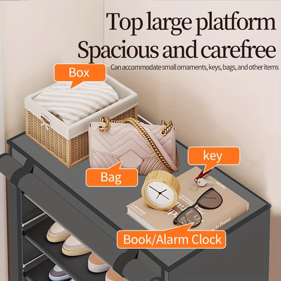 A single piece, 10-tier, durable and spacious shoe rack perfect for the bedroom doorway. This vertical storage solution can hold 18-22 pairs of shoes and comes with an independent cabinet featuring a dust cover for added protection.