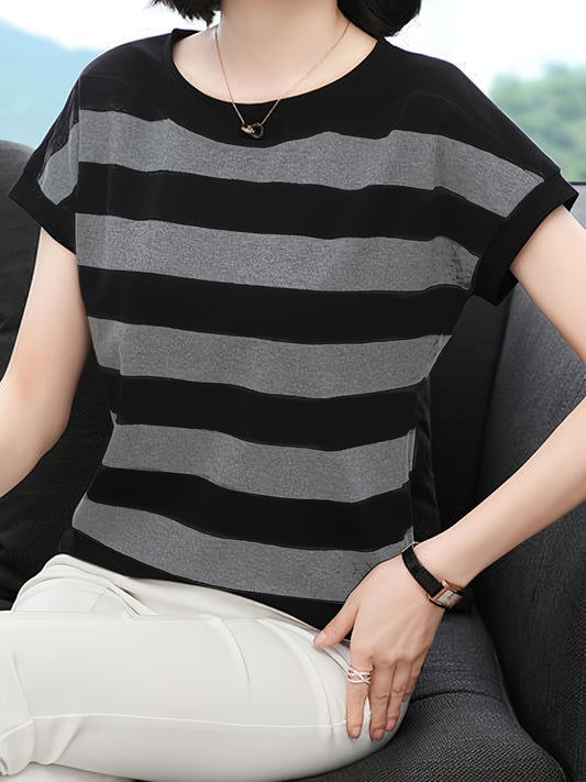 Striped print crew neck t-shirt, casual cap sleeve t-shirt for spring & summer, women's clothing