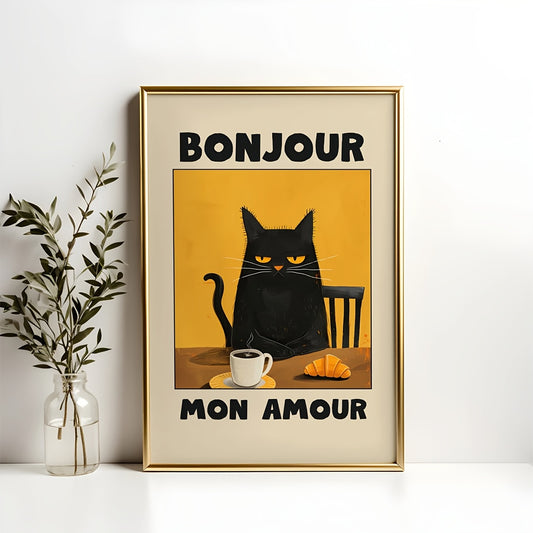 Black Cat Breakfast Art Poster with vintage French-themed cat illustration, warm tones, and contemporary style. Ideal for kitchen, dining room, or bedroom decor. Unframed canvas print.