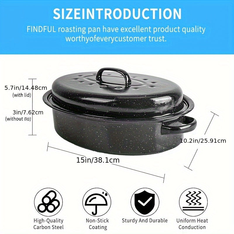 15 inch black oval grill with lid, includes enamel grill pan suitable for cooking turkey, chicken, lamb, and vegetables in an oval enamel pot. (Approximately 38.1cm)