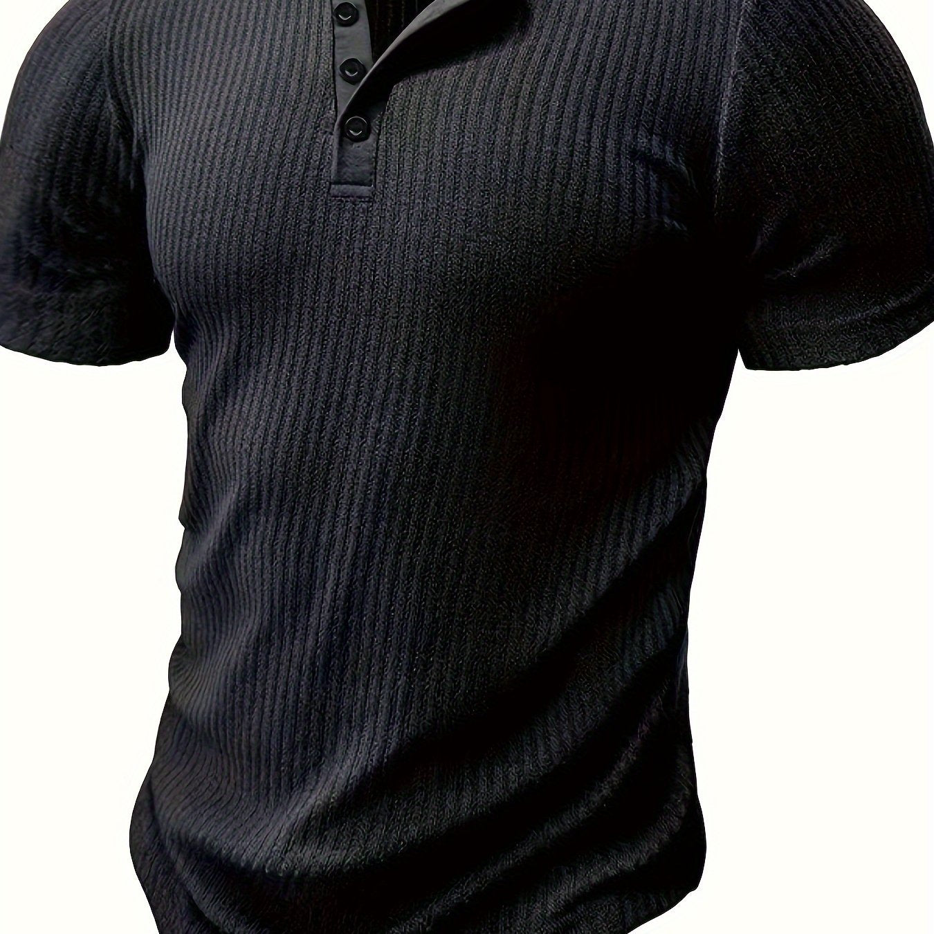 Solid stripe pattern knit short sleeve Henley shirt for men, perfect for summer leisure and outdoor activities.