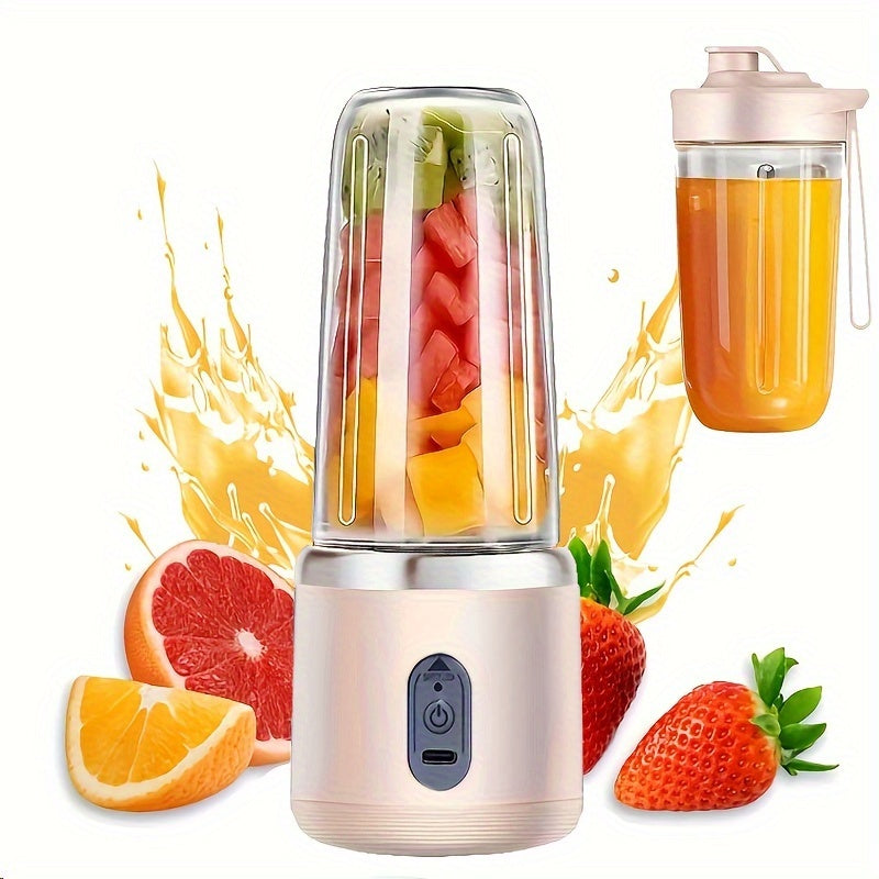 Portable USB juicer blender with 380ml capacity, detachable six-blade design, easy to clean, rechargeable battery, food-grade materials, and push-button control.