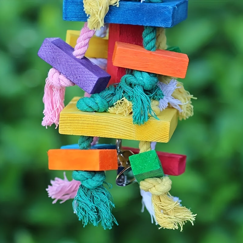 Colorful wooden swing toy with bell for small birds such as budgies, conures, lovebirds, and finches.