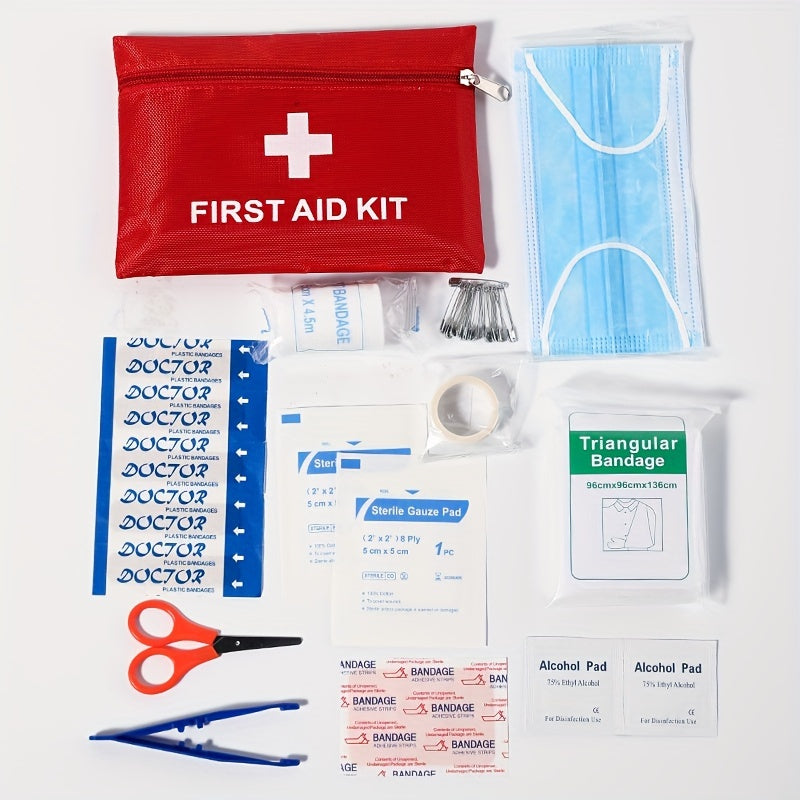 Compact and durable first aid kit, perfect for home, car, camping, and hiking, includes scissors, tweezers, and essential emergency supplies for school, adventure, and disaster response.