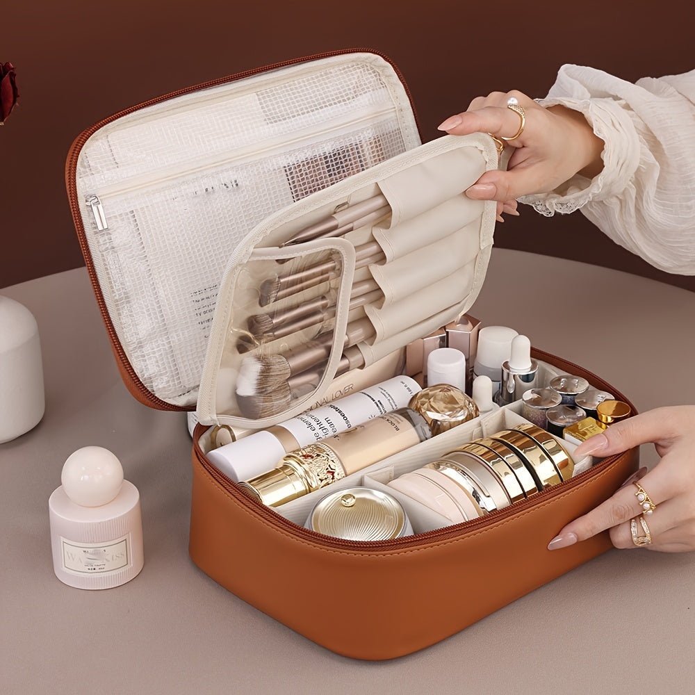 Spacious multi-layer PU cosmetic bag with brush holder, portable storage for beauty essentials, perfect gift for couples.