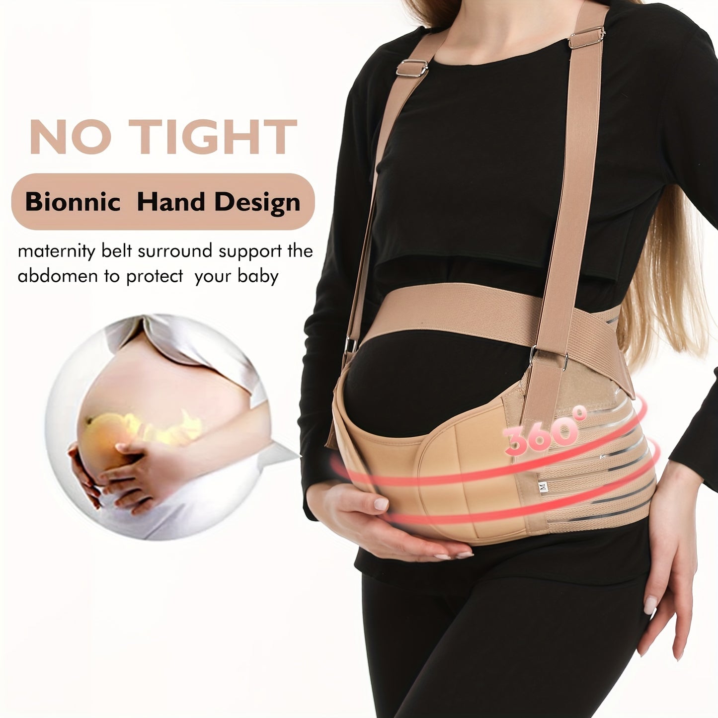 Pregnancy and postpartum support belt with breathable material, detachable shoulder strap, and adjustable sizes.