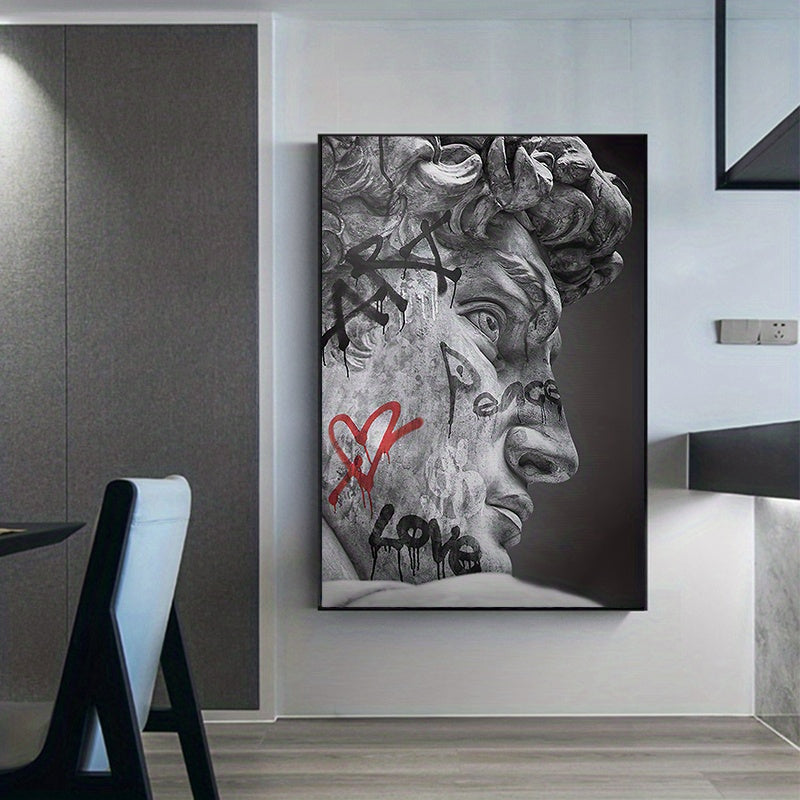 Modern gray wall art print of Michelangelo's David with graffiti and heart accents for living room, bedroom, or office décor.