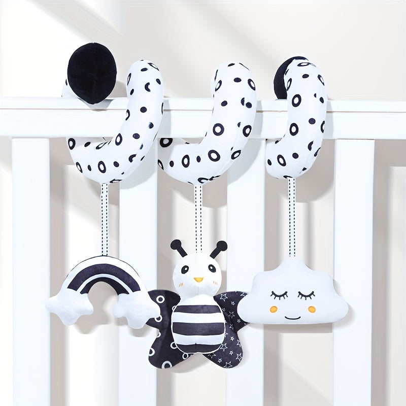 Black and white baby hanging toys with animal-themed designs, perfect for decorating strollers and car seats. These plush spiral toys are ideal for entertaining babies while traveling. Choose from bee, owl, or beetle styles.