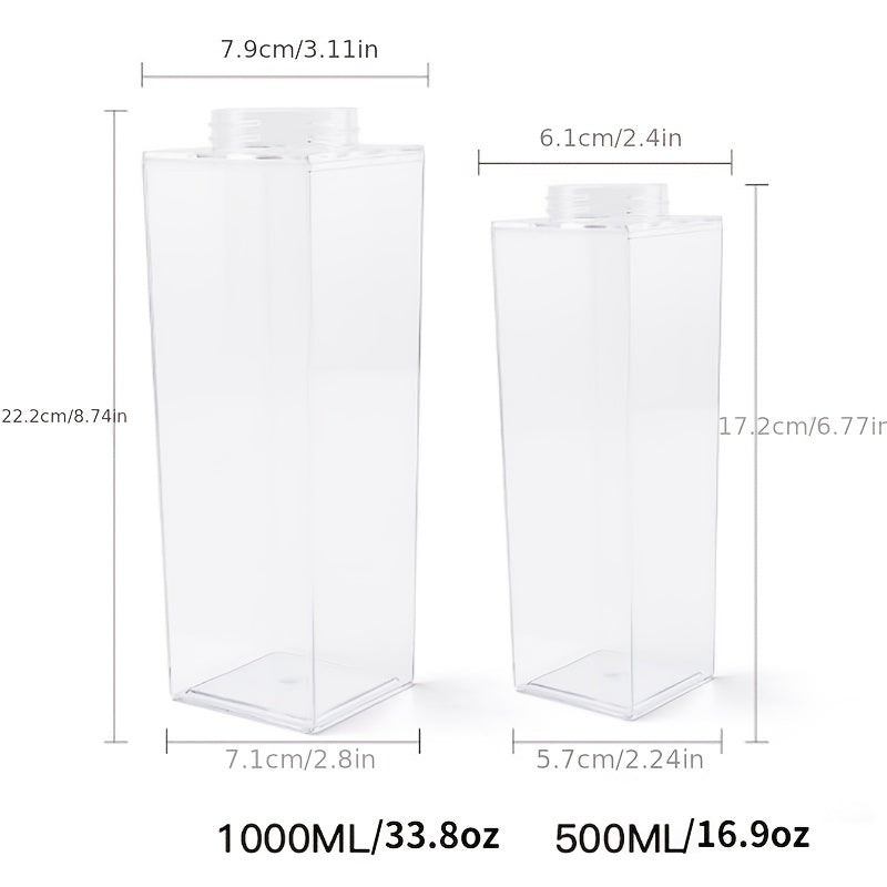 Durable, leak-proof square milk carton water bottle, BPA-free plastic, dishwasher safe for travel and kitchen use, available in 16.9oz or 33.8oz sizes.