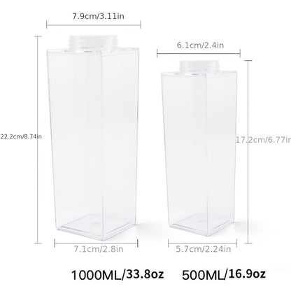 Durable, leak-proof square milk carton water bottle, BPA-free plastic, dishwasher safe for travel and kitchen use, available in 16.9oz or 33.8oz sizes.