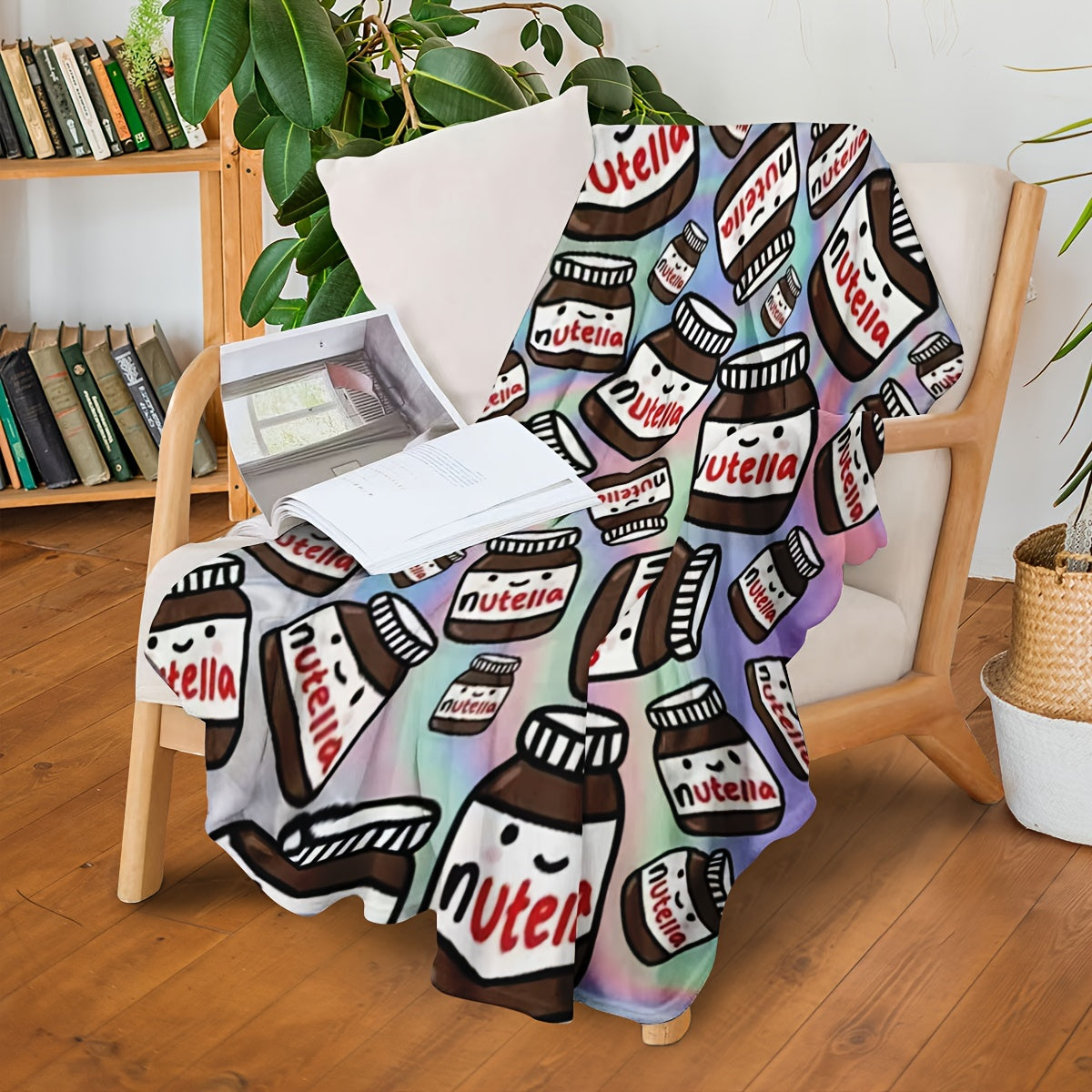 Soft and warm Nutella-themed flannel throw blanket featuring a contemporary design. This all-purpose blanket is perfect for any season and can be used at home, in the office, during fitness activities, while traveling, camping, on the couch, chair, or