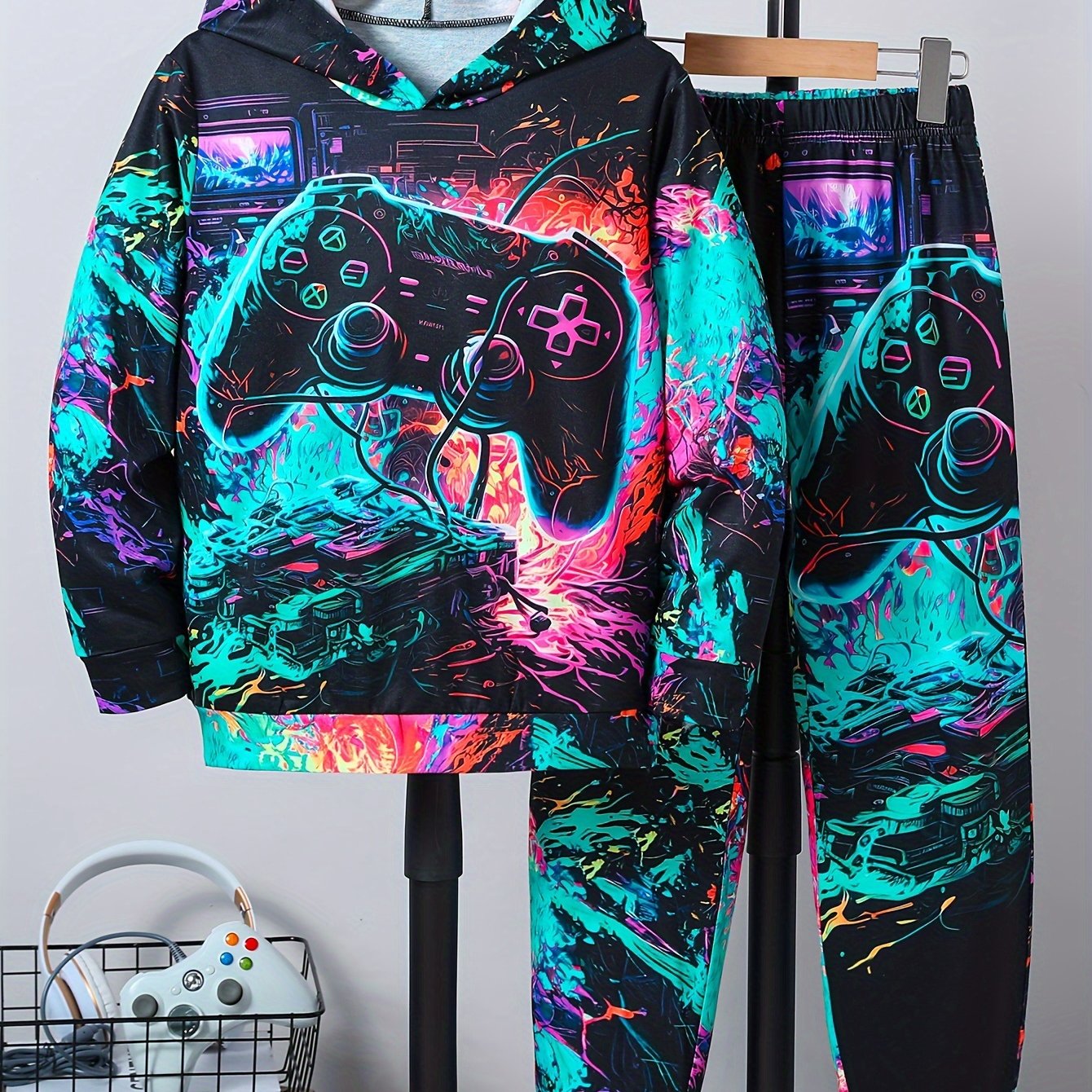 New Autumn "Game Console" Pattern Full Print Hoodie and Sweatpants Set for Big Boys