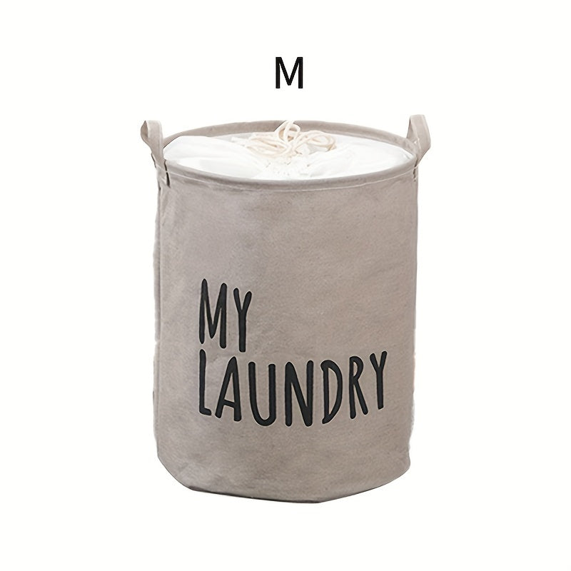 Classic Thick Fabric Laundry Basket with Drawstring Closure - Versatile Cylinder-Shaped, Foldable Dirty Clothes Storage Bin in Navy, White, and Gray featuring "MY LAUNDRY" Print for Stylish Room Decor, Laundry Room Organization, and Storage Solution