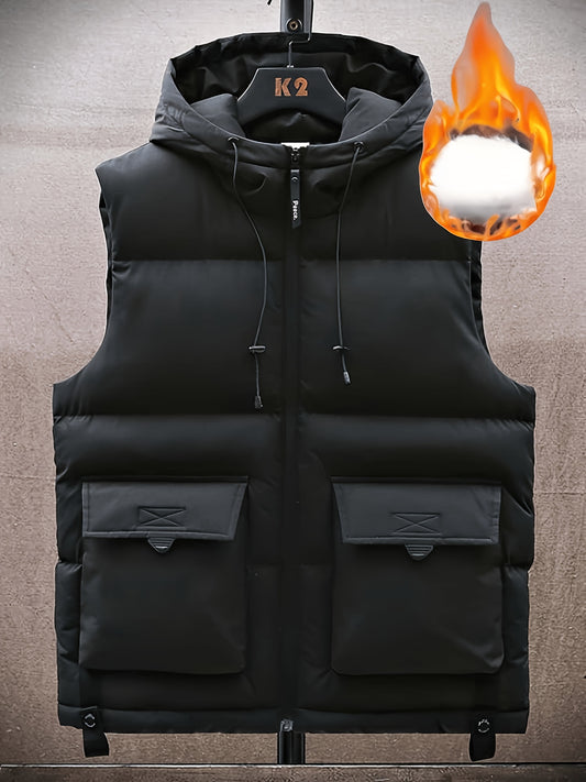 Men's Winter Hooded Vest with Thick Fleece-Lining, Multiple Pockets, Stand Collar, and Zipper Closure for Outdoor Wear.