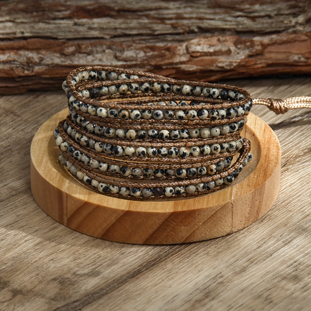 Women's Bracelet with a Bohemian Style, Waxed Cord Braid and Adjustable 5 Rows Wrap