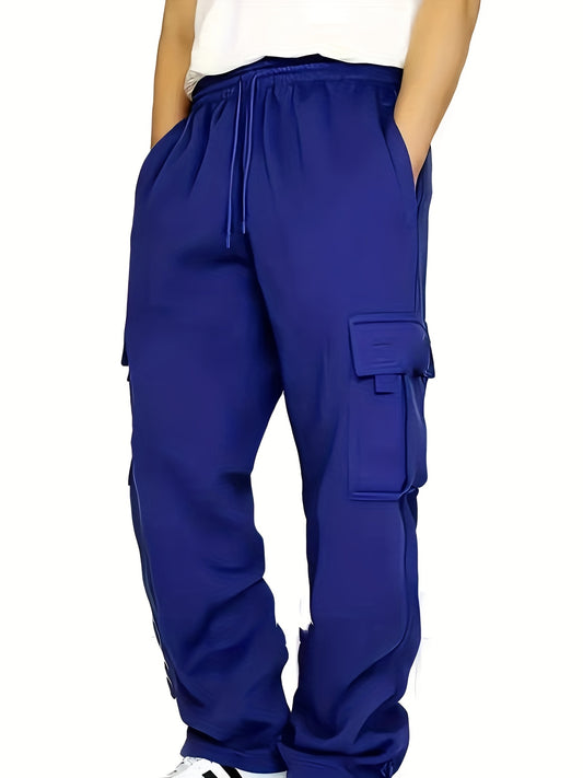 Big and tall men's relaxed cargo trousers with pockets, oversized drawstring pants.