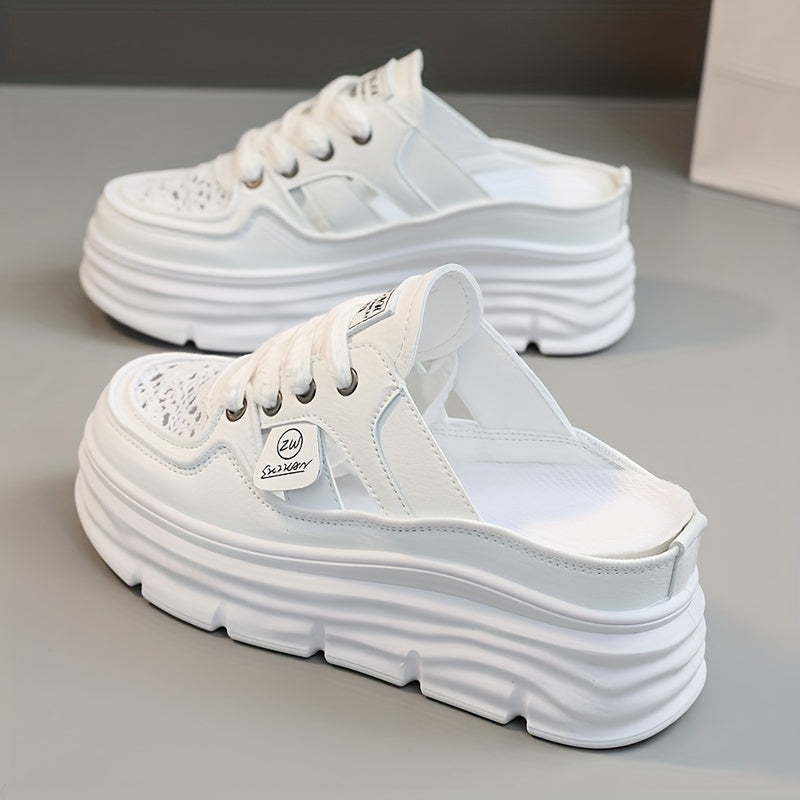 Women's breathable platform mule sneakers with cutout design, lace-up closure, and comfort for summer wear.