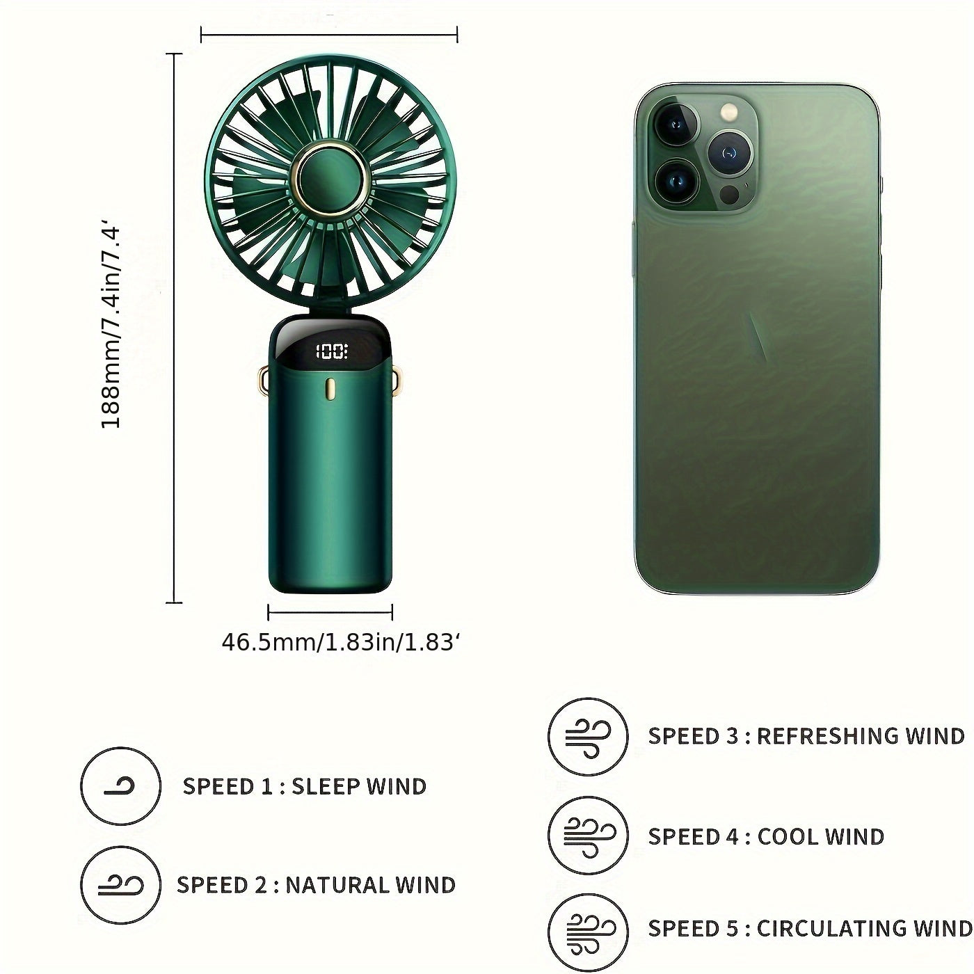 1pc Mini Portable Fan, Handheld Personal Mini Fan, USB Rechargeable with 5 Speeds and 90° Foldable Design. Features LED Display and can be battery powered. Perfect for Desk, Office, Bedroom, Outdoor Travel, Camping, and Back To School Supplies.