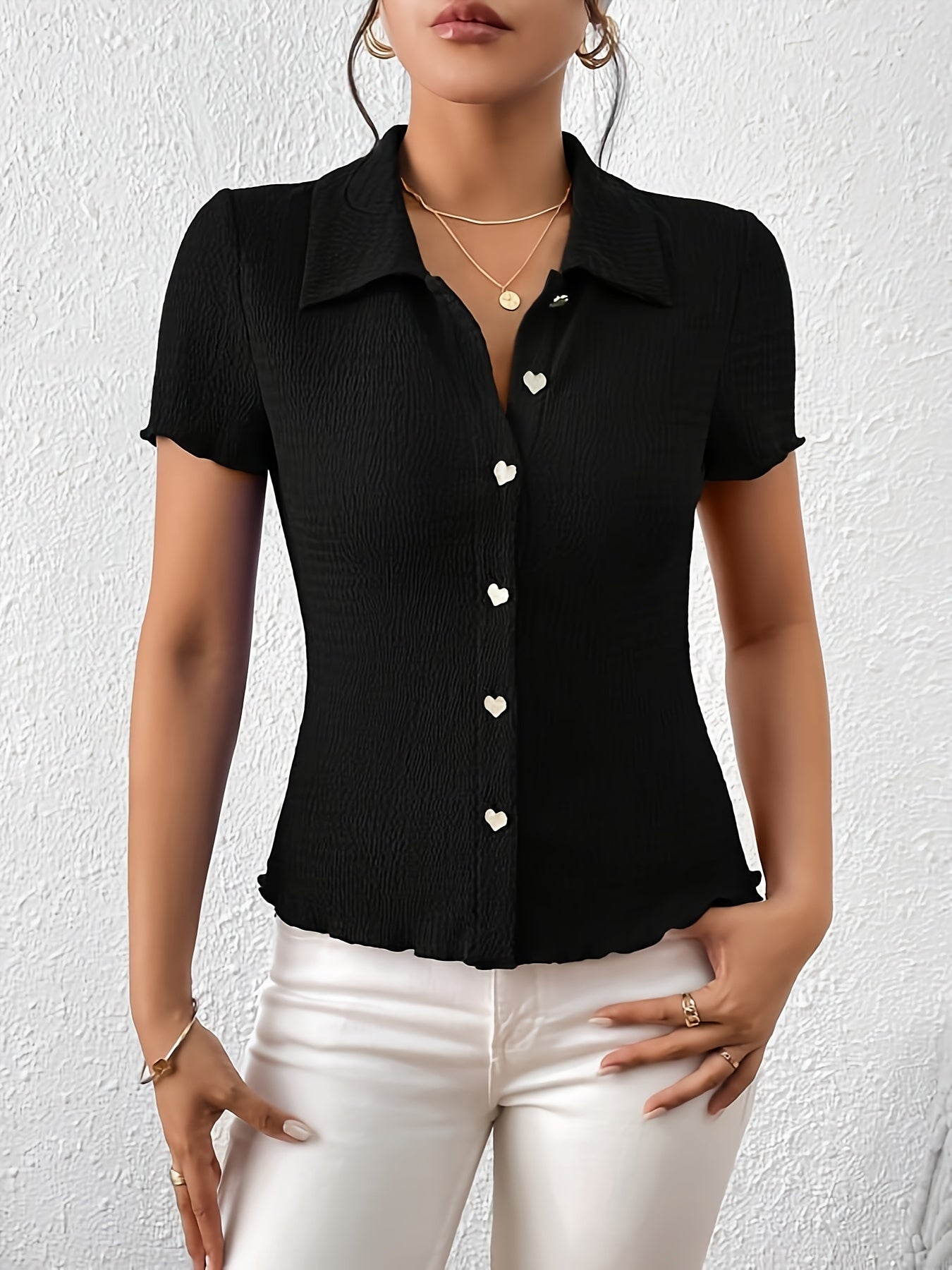 Heart-shaped button slim shirt, short sleeve for spring & summer, women's clothing.