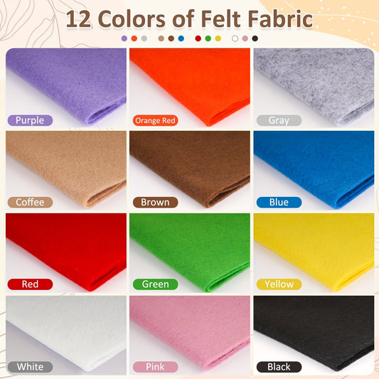 12 rolls of 2mm thick soft felt fabric in 12 assorted colors, each measuring 8"x35" (20x90cm), perfect for DIY crafting and sewing projects.