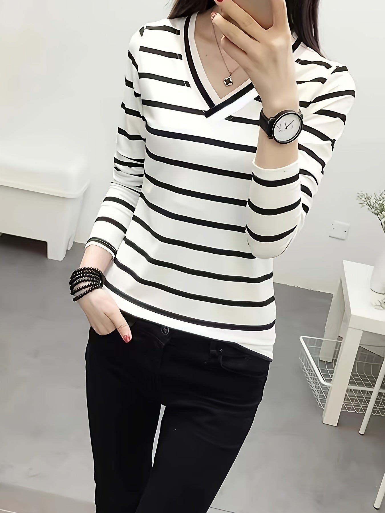 Striped V Neck Long Sleeve T-Shirt for Women, Ideal for Spring and Fall