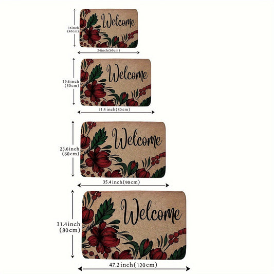 Red Flower Welcome Indoor/Outdoor Door Mat - Machine Washable, Rectangular Shape, Non-Slip Backing, Medium Pile, Made of Polyester