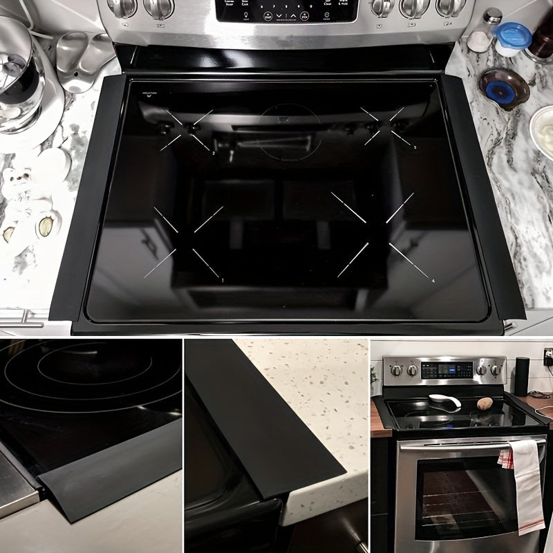 Two pieces of silicone stove gap covers that are heat resistant and easy to clean. Suitable for spaces measuring 53.34/63.5/76.2cm, these covers can be used on kitchen counters and stovetops to guard against spills. Available in black, white, and