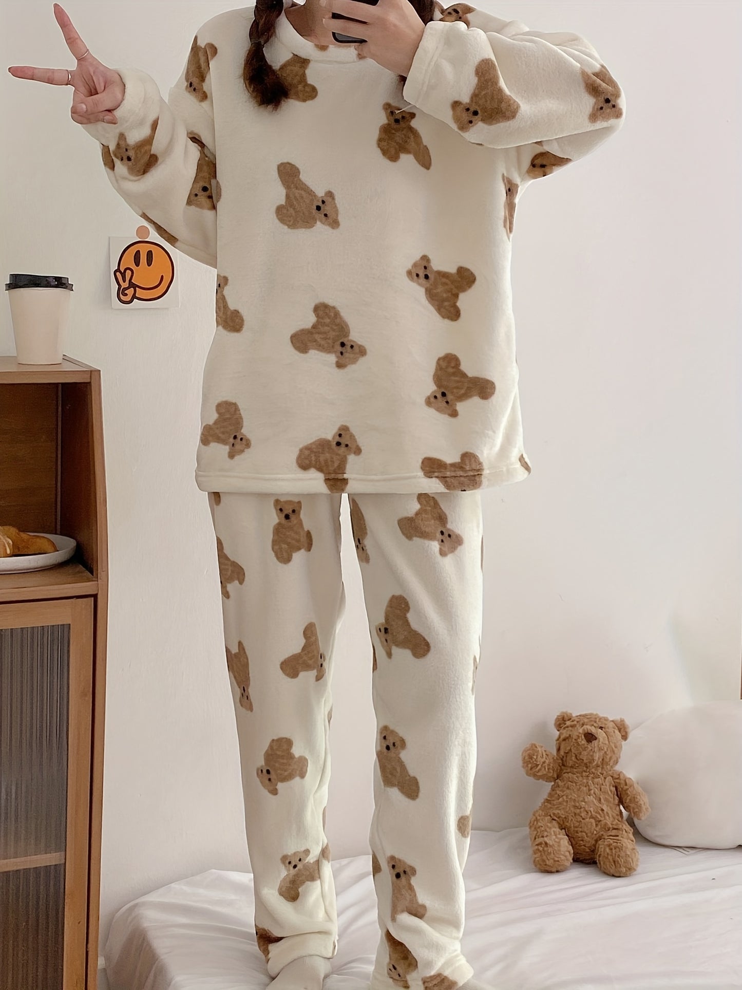 Cozy Teddy Bear Print Pajama Set for Women