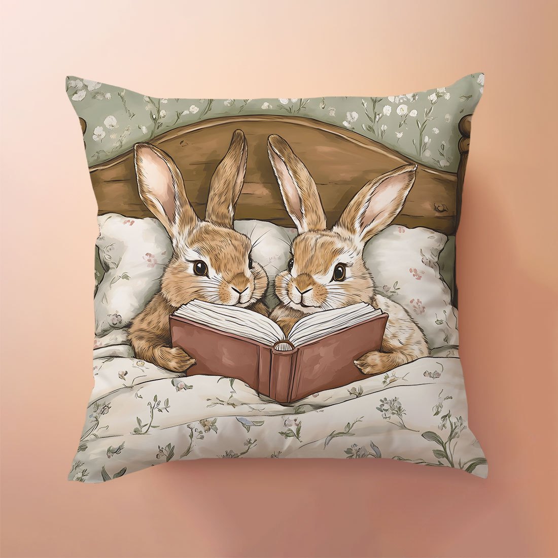 Easter Cartoon Rabbit Storybook Sofa Throw Pillow Cover - Single-sided print, made of peach skin fabric, 45*45cm.