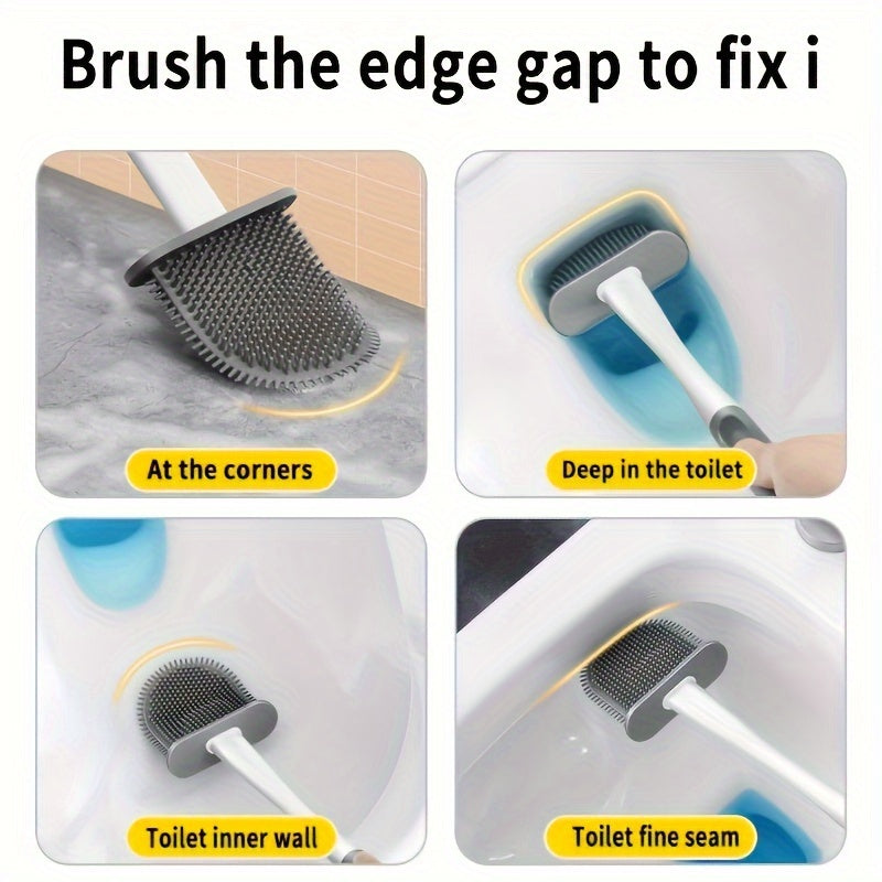 Toilet brush set includes 1 small brush, 1 large brush, and 3 matching assembly pieces. Hole-free self-adhesive design for easy installation. Soft brush head reaches all areas to clean without missing any spots. Versatile tool for bathroom cleaning. A