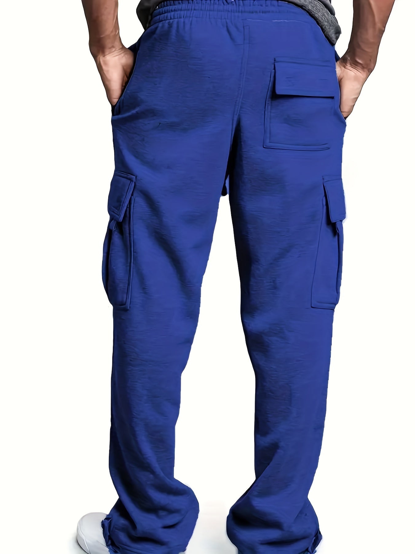 Big and tall men's relaxed cargo trousers with pockets, oversized drawstring pants.