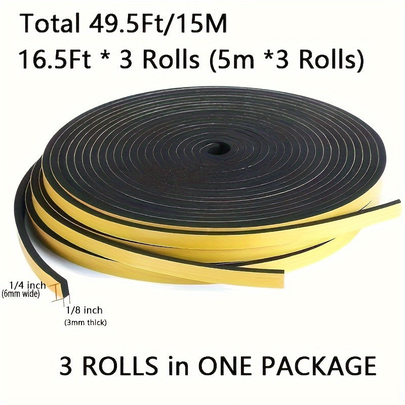 3 rolls of high-quality foam insulation tape for weather stripping doors and windows, sliding doors, soundproofing, windproofing, air conditioning seals. Black, 1/4 inch wide x 1/8 inch