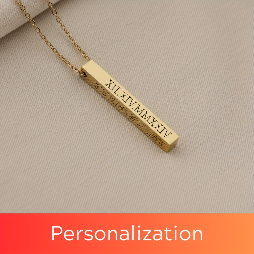 Elegant Custom Engraved Vertical Bar Necklace for Women - Personalized with Name and Date - Available in Gold, Silver, and Rose Gold - Stylish Alloy Jewelry for Everyday Wear or Gifting - 3D Design with Coordinates