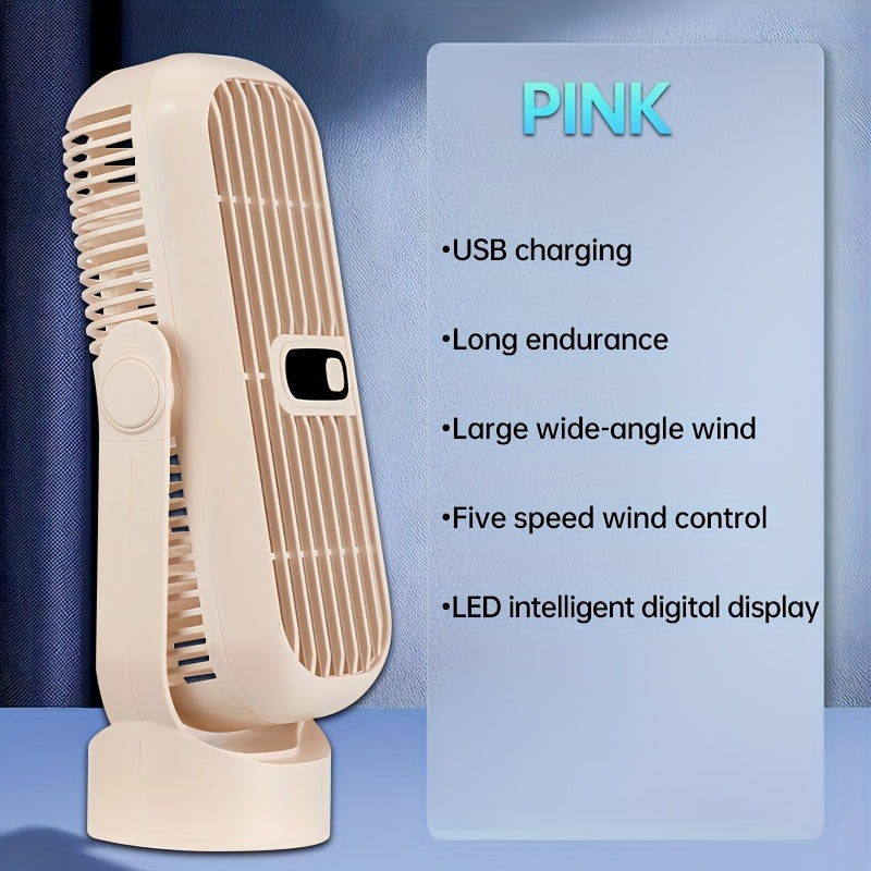 The JKUOO Ultra-Quiet USB Rechargeable Desktop Tower Fan features a sleek leafless design with a polished finish. It has 5 speed settings and a convenient LED display for easy control. This portable fan is safe for use in any space, including home