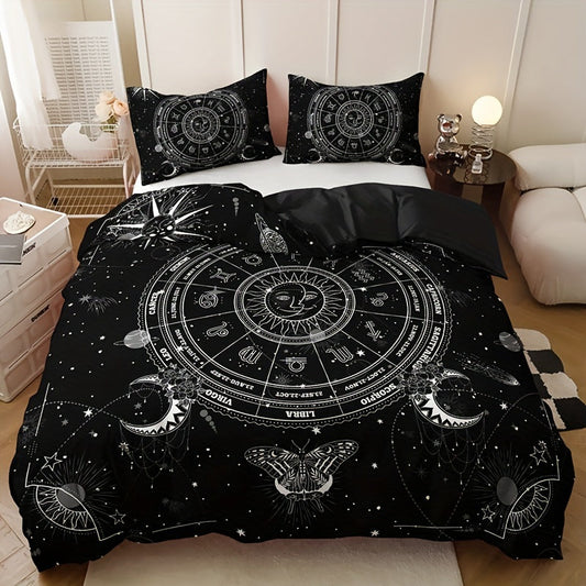 Sun and Moon Print 3-Piece Duvet Cover Set, Soft and Comfortable Bedding Set for Bedroom or Guest Room, Includes 1 Duvet Cover and 2 Pillowcases (No Duvet Insert) - Perfect for Ramadan