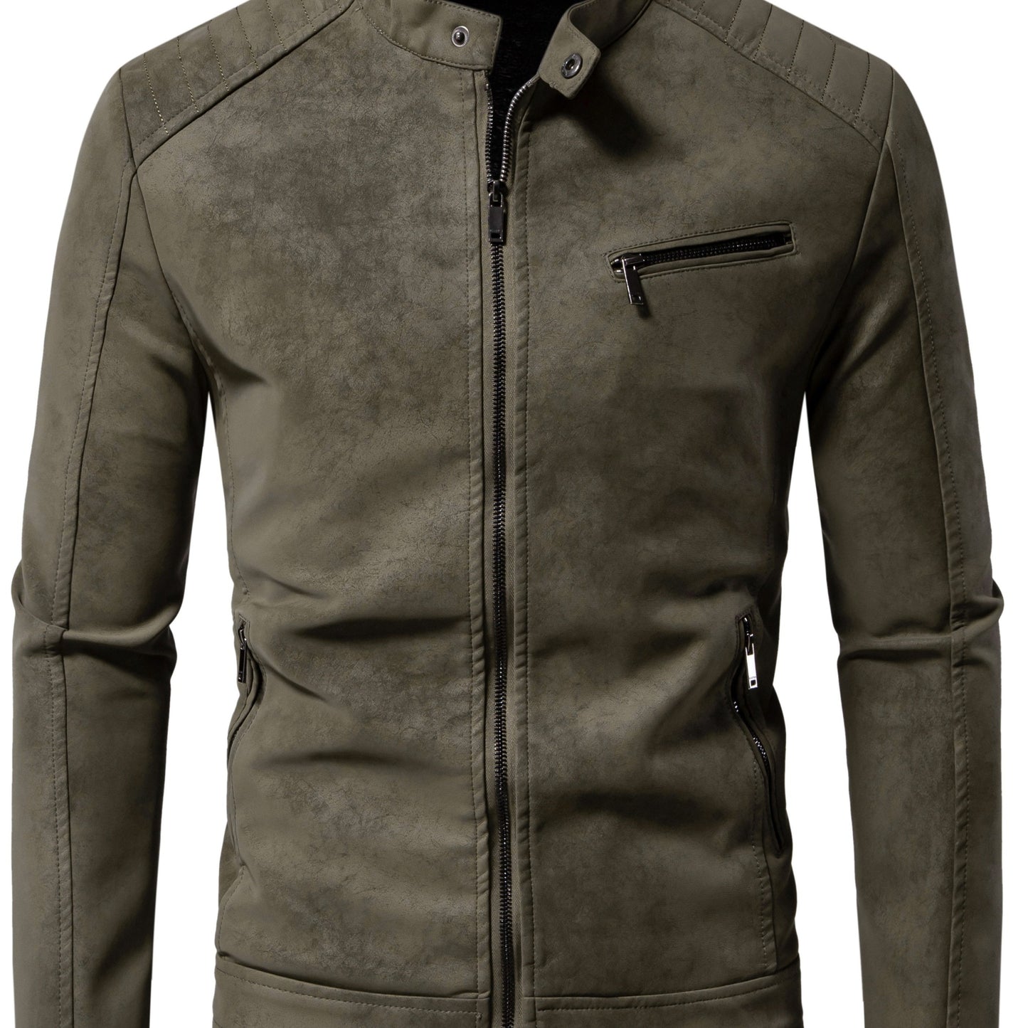 Men's vintage style faux leather jacket with stand collar, zip-up closure, and polyester lining.