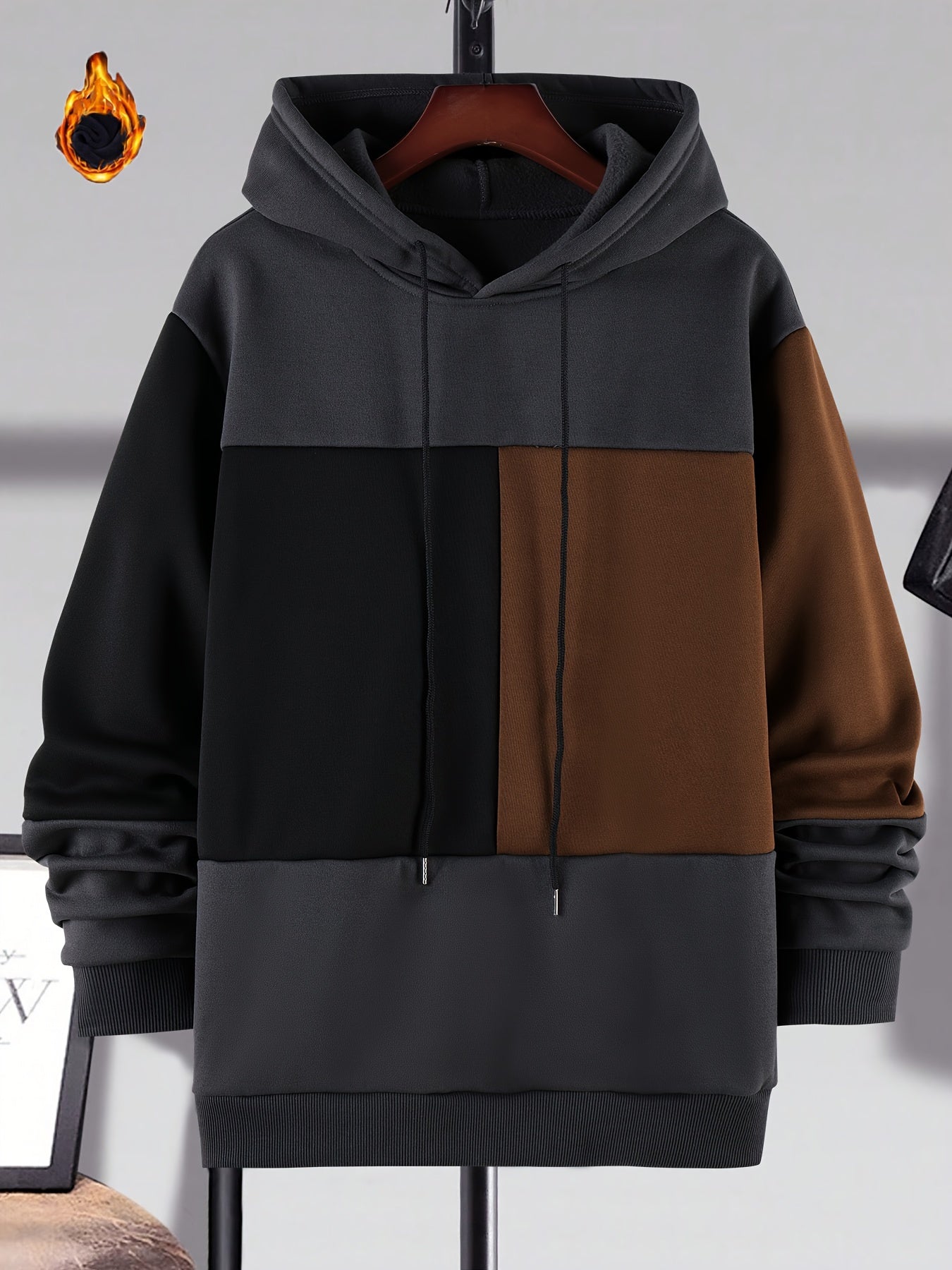 Plus Size Men's Contrast Color Hooded Sweatshirt for Spring, Fall, Winter