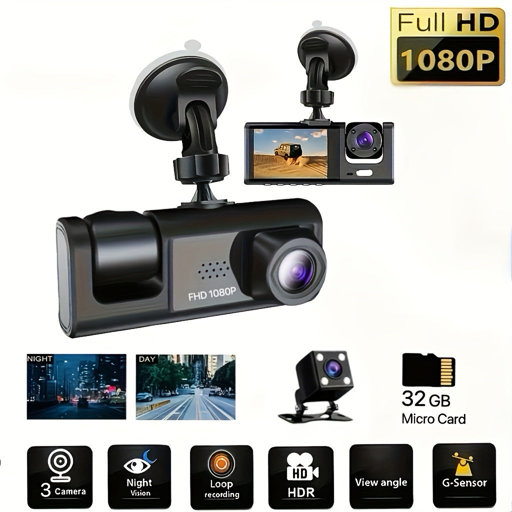 3-Channel Dash Cam with Front and Rear Interior cameras, 1080P resolution, IR Night Vision, and Loop Recording. Includes 5.08 cm IPS Screen.