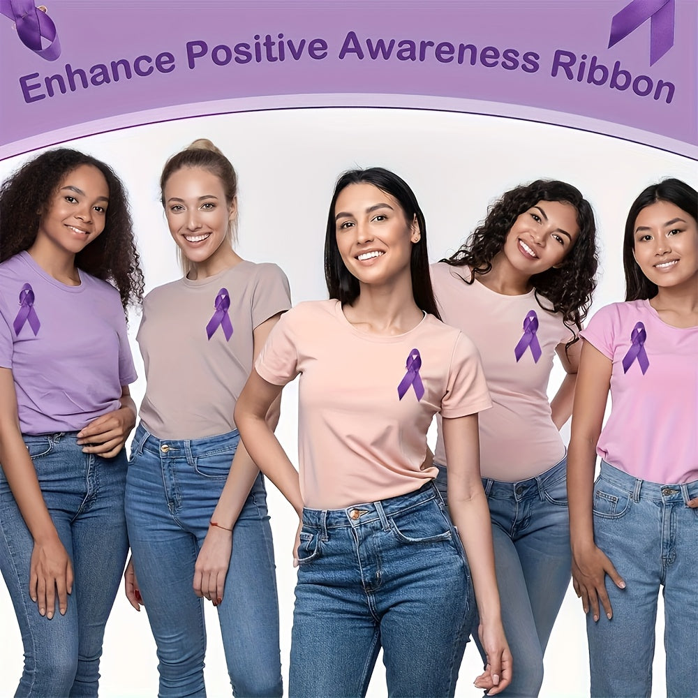 100 purple ribbon pins designed for raising awareness for pancreatic cancer, domestic violence, lupus, Alzheimer's, and cancer consciousness. These safety pin brooches are perfect for charity public events and serve as women's novelty accessories in a