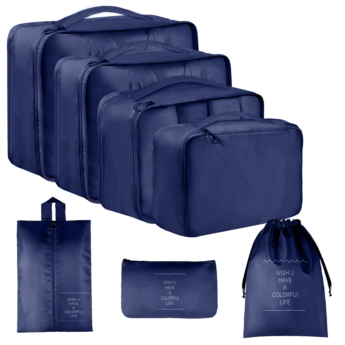 7-piece set of polyester travel organizer bags for large capacity luggage sorting and clothes storage.